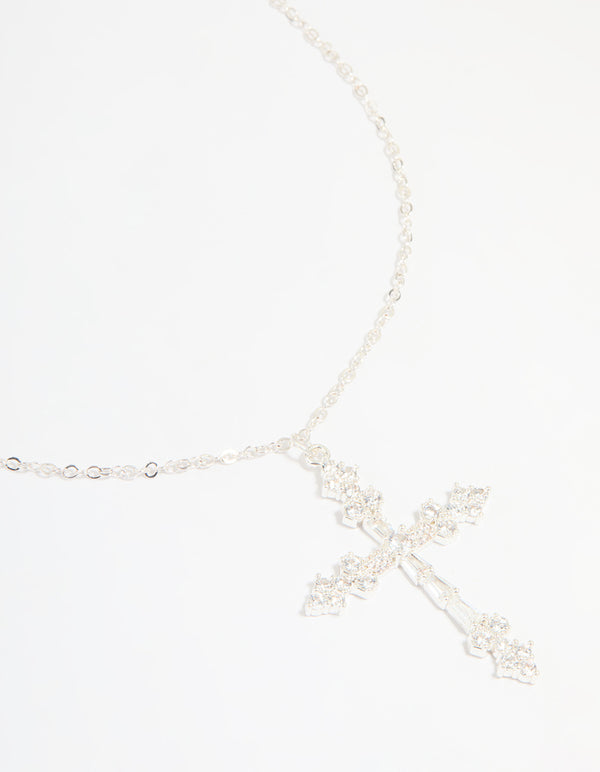 Silver Plated Cubic Zirconia Large Cross Pendant Necklace