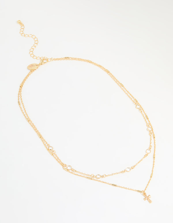 Gold Plated Bezel Chain & Cross Layered Necklace