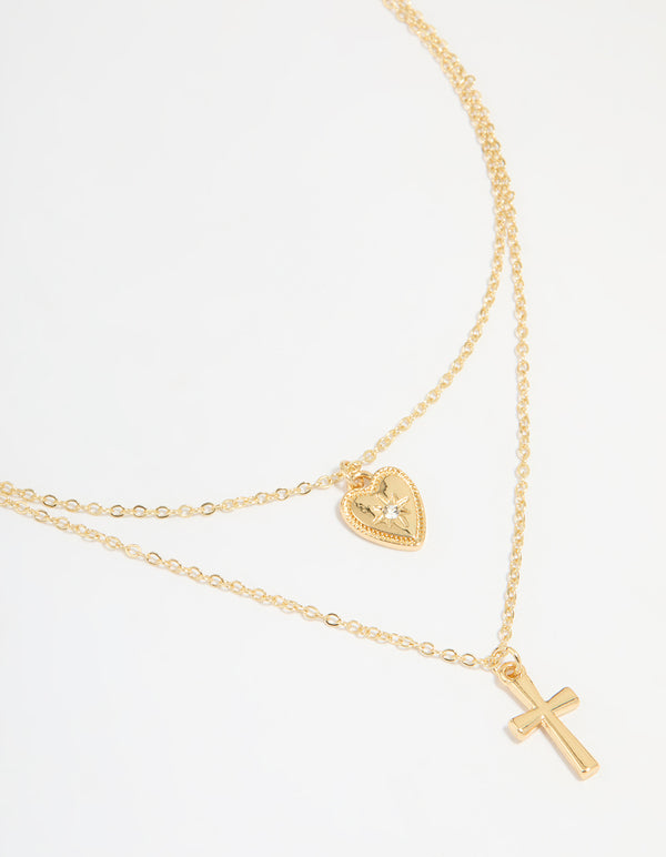 Gold Plated Diamante Heart & Cross Layered Necklace