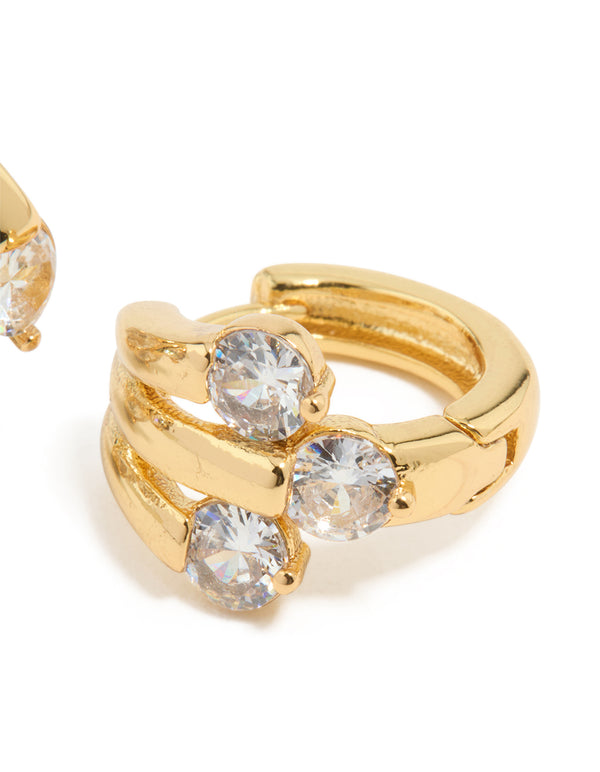 Gold Plated Cubic Zirconia Trio Graduating Huggie Earrings