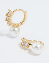 Gold Plated Cubic Zirconia Pearl Drop Huggie Earrings - link has visual effect only