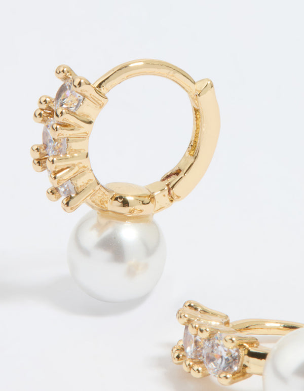 Gold Plated Cubic Zirconia Pearl Drop Huggie Earrings
