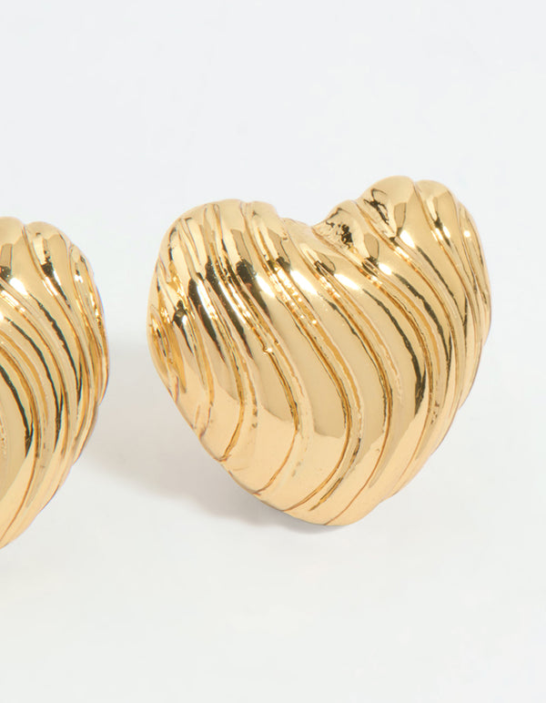 Gold Plated Ribbed Heart Stud Earrings