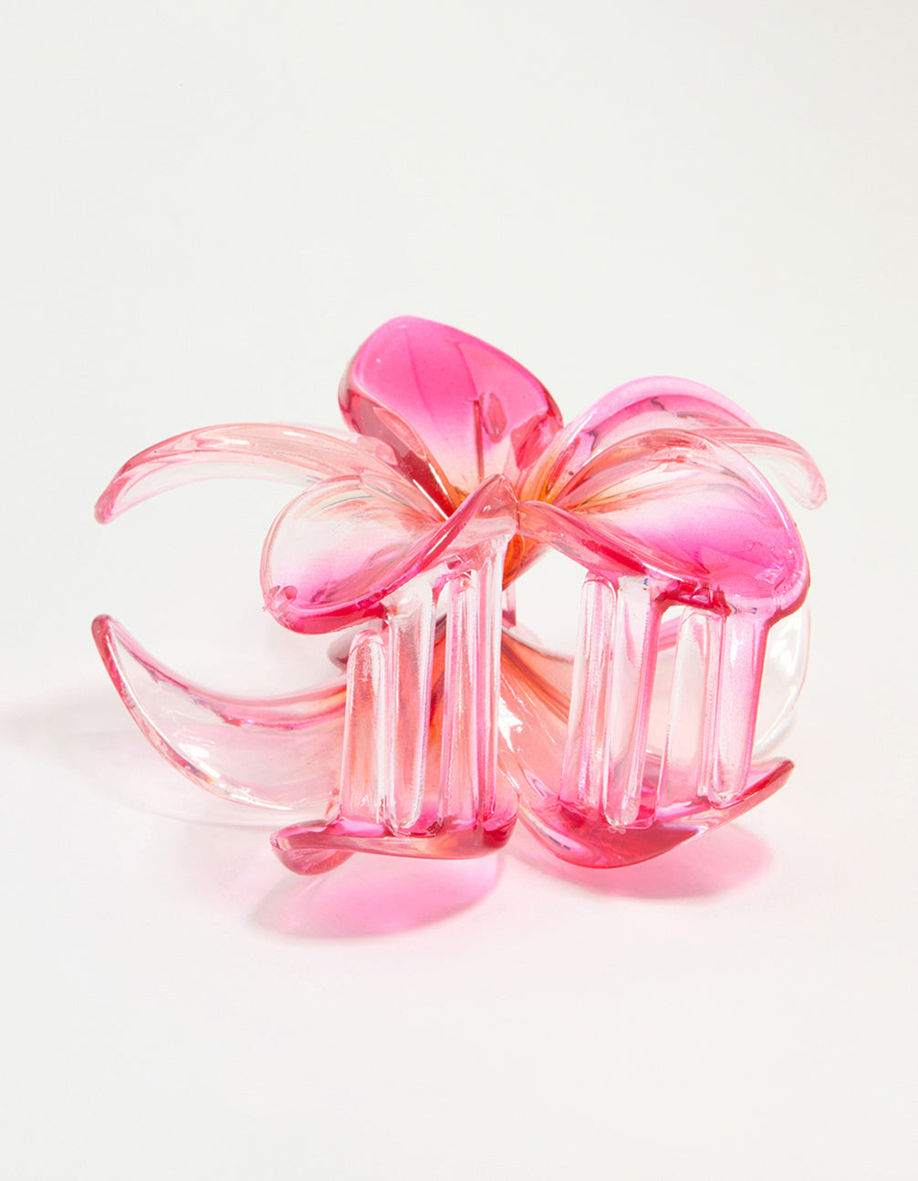 Shop this pink and orange frangipani ombre tropical floral claw clip in hot pink, light pink, orange side view