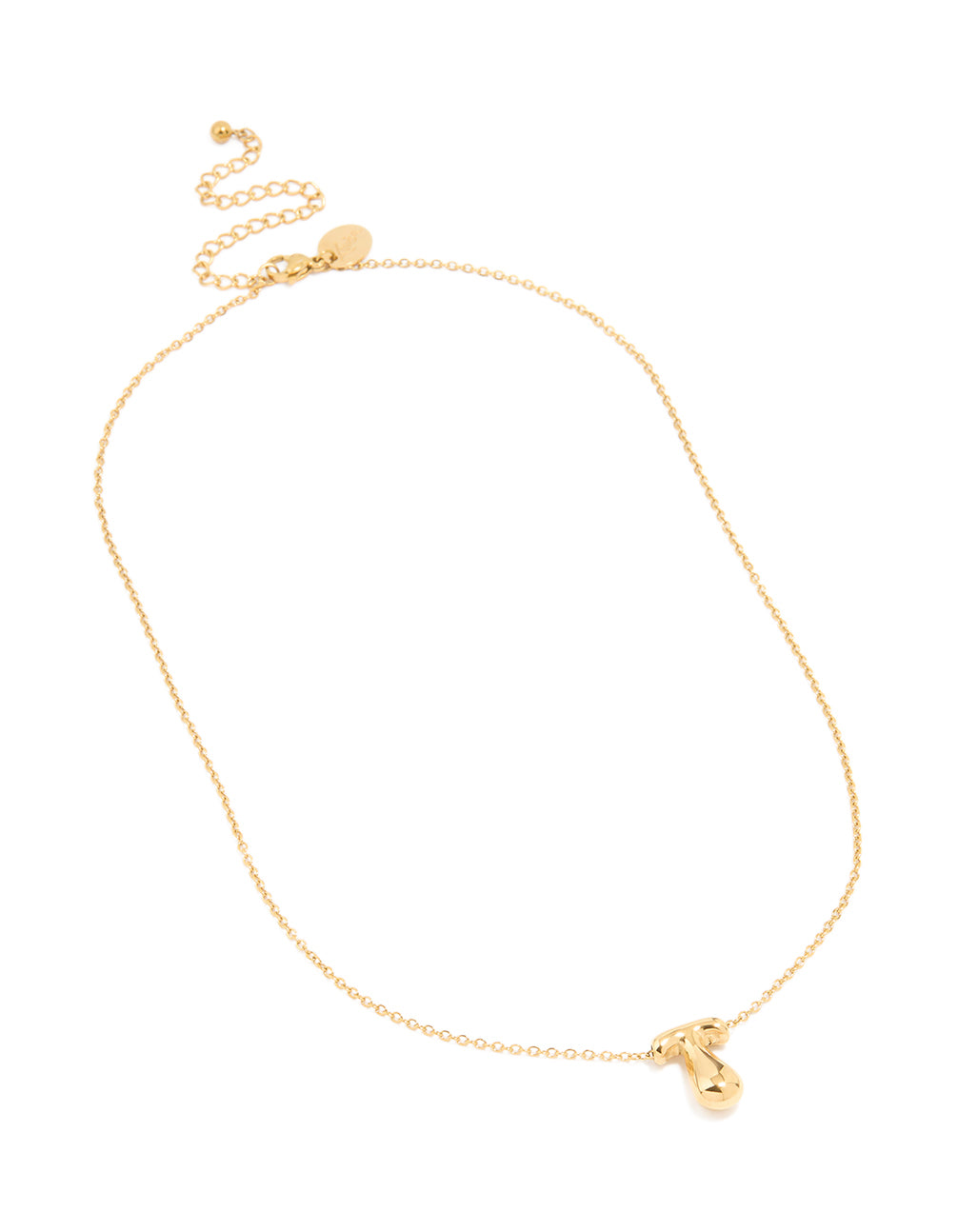 Beautiful waterproof gold plated stainless steel bubble letter T necklace with initial pendant in dainty style front view