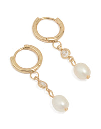 Waterproof Gold Plated Stainless Steel Cubic Zirconia Pearl Huggie Earrings - link has visual effect only