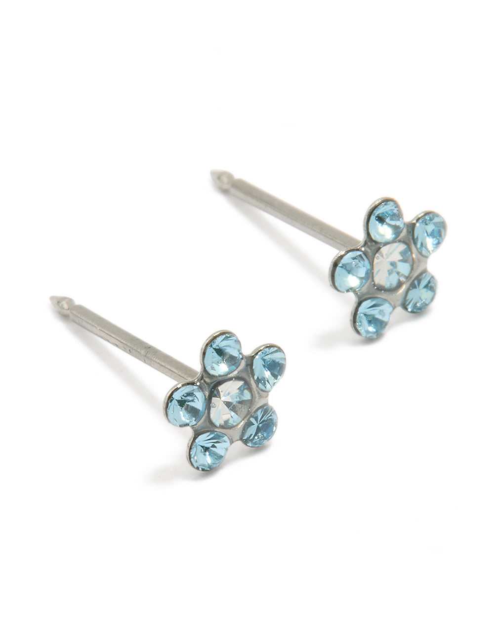 Dainty floral stainless steel stud piercing featuring aqua cubic zirconia daisy design front view