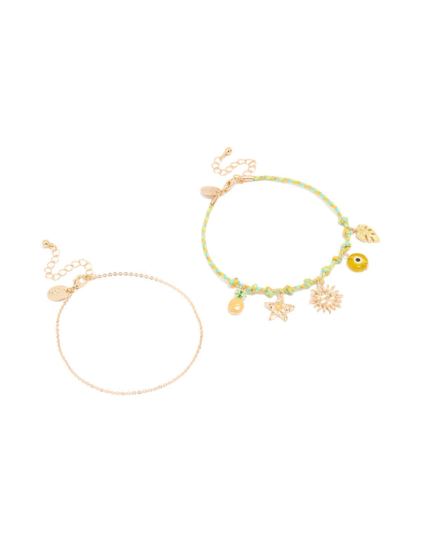 Gold Star & Rope Evil Eye Anklets 2-Pack
