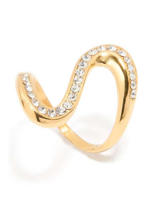 Crafted from waterproof gold plated stainless steel, this diamante swivel ring features statement styling side detail view