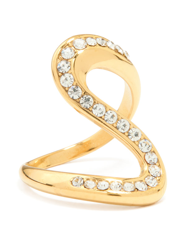 Showcasing a waterproof gold plated stainless steel diamante swivel ring with statement design front view