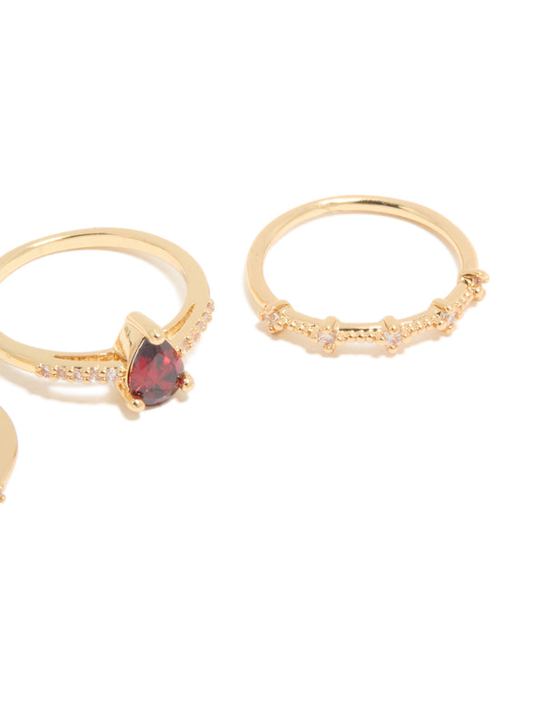 Gold Plated Red Cubic Zirconia Elegant Pear Stacking Rings 3-Pack