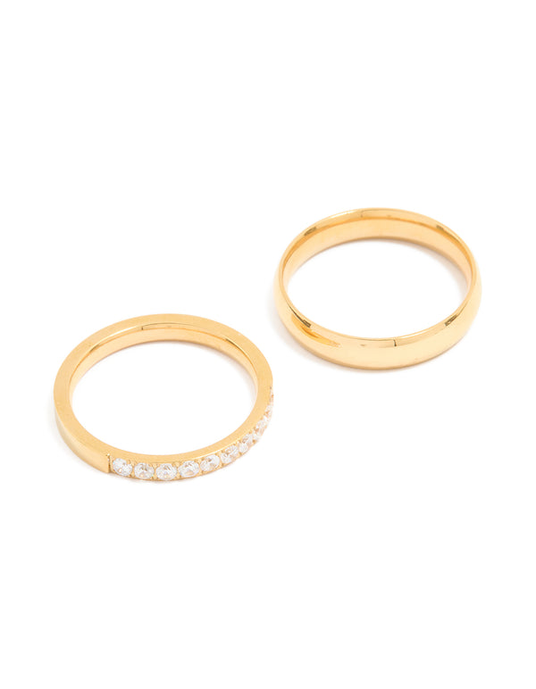 Waterproof Gold Plated Stainless Steel Diamante & Smooth Rings 2- Pack