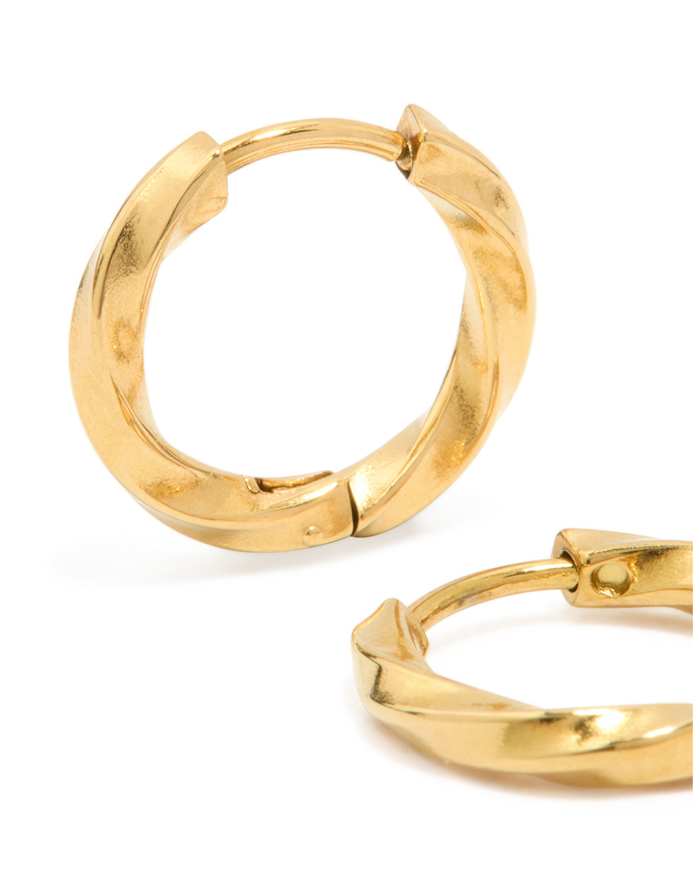 Discover waterproof gold plated stainless steel huggie earrings showcasing twisted texture close up view