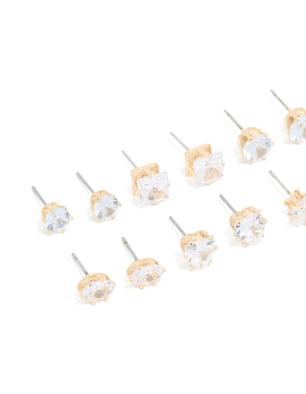 Gold Cubic Zirconia Stud Earrings 6-Pack
