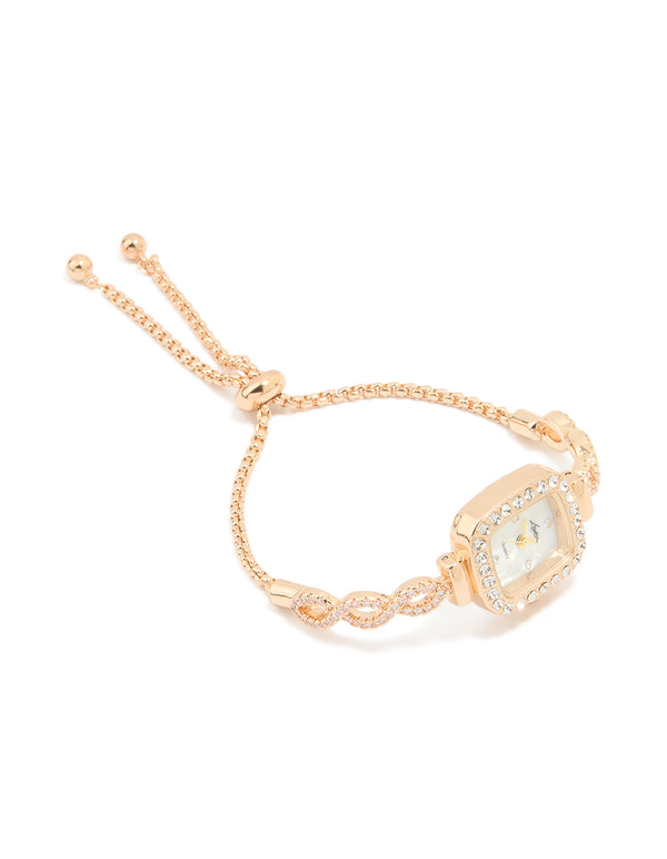 Gold Cubic Zirconia Rectangular Face Toggle Watch