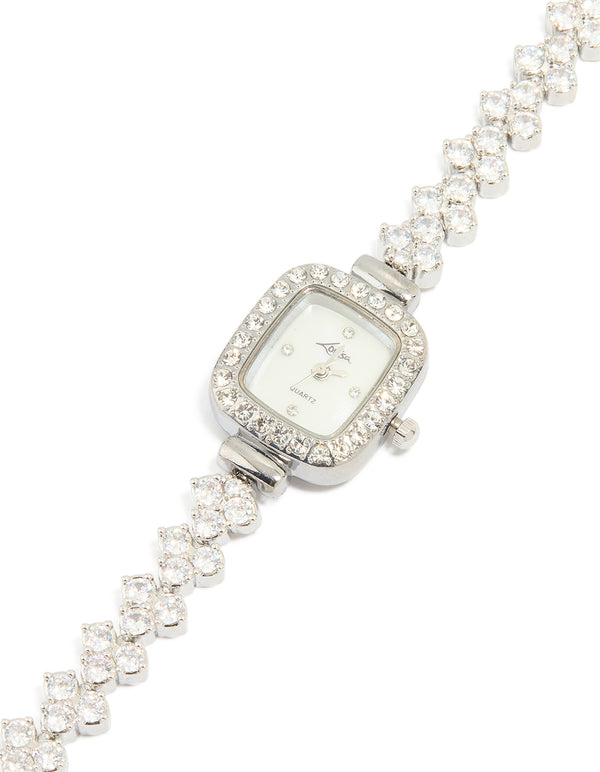 Silver Cubic Zirconia Rectangle Face Watch