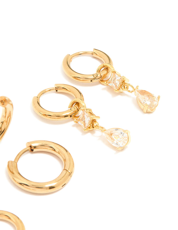 Waterproof Gold Plated Stainless Steel Cubic Zirconia Stud Earrings 4-Pack