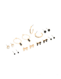Gold Black Diamante & Bow Mixed Hoop Earrings 8-Pack - link has visual effect only