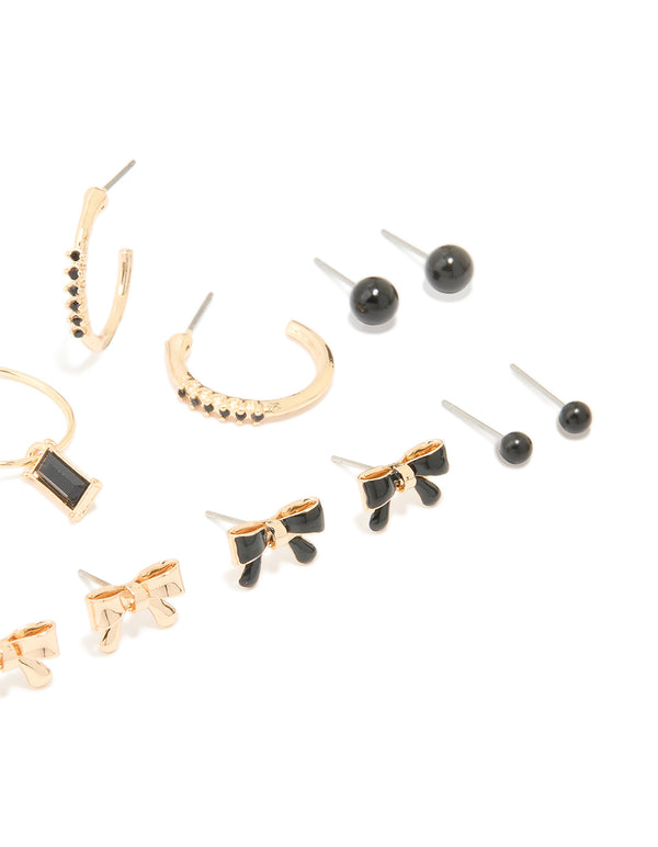 Gold Black Diamante & Bow Mixed Hoop Earrings 8-Pack