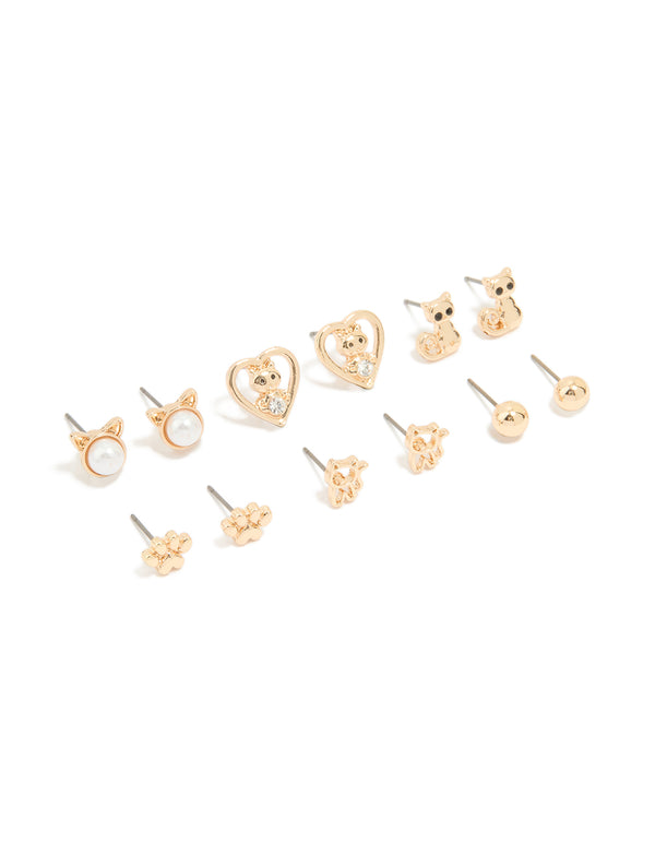 Kids Gold Cat Paw & Cat Design Stud Earrings 6-Pack