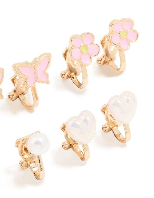 Kids Gold Pearl & Butterfly Clip On Earrings 5-Pack
