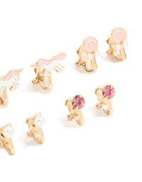 Kids Gold Pearl & Unicorn Clip On Earrings 6-Pack - link has visual effect only