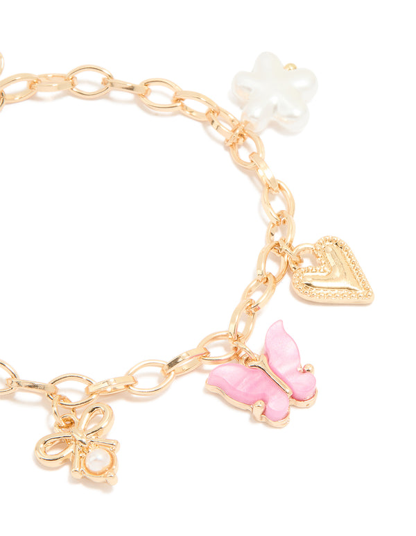 Kids Gold Pearl & Butterfly Charm Bracelet