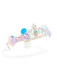 Showcasing a kids metallic tiara headband with glitter ocean shell accents and clear stones in silver lavender aqua pink side view - link has visual effect only
