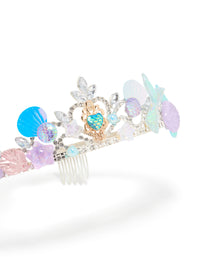 Featuring a kids metallic tiara headband with glitter ocean shell accents and clear stones in silver lavender aqua pink front view - link has visual effect only