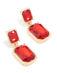 Gold Red Diamante Rectangle Drop Earrings - link has visual effect only