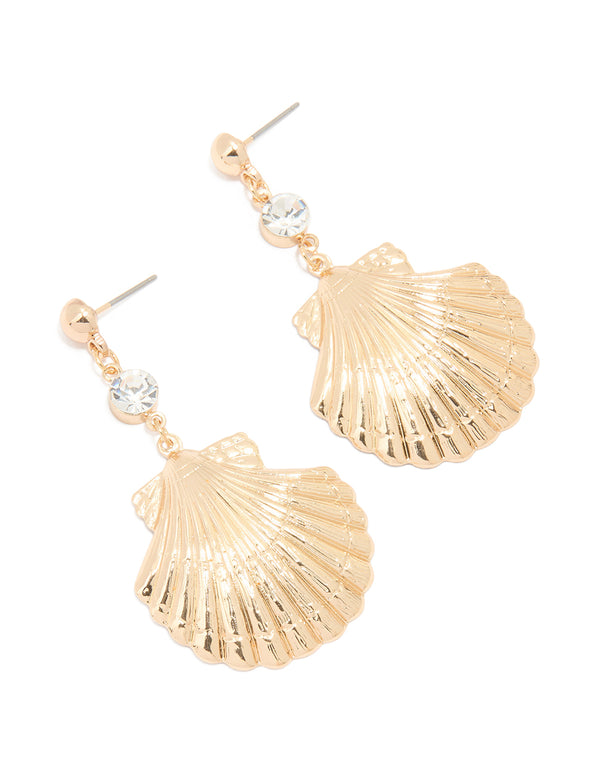 Gold Shell Diamante Drop Earrings