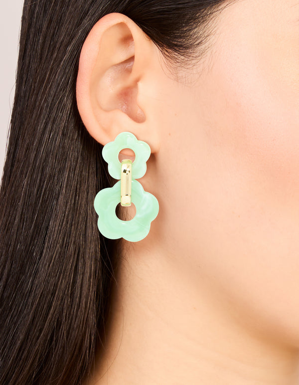 Gold Green Double Acrylic Flower Drop Earrings