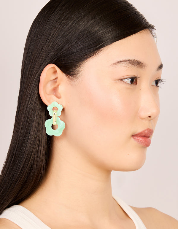 Gold Green Double Acrylic Flower Drop Earrings