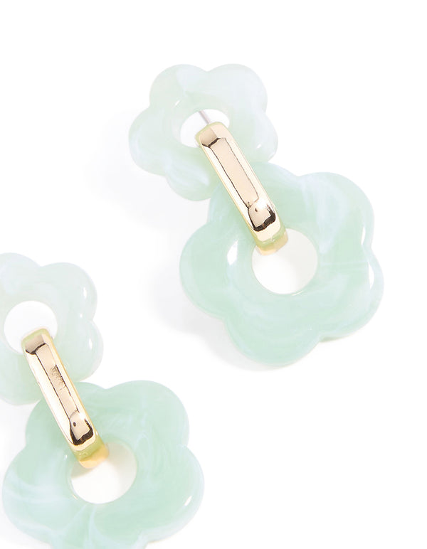 Gold Green Double Acrylic Flower Drop Earrings