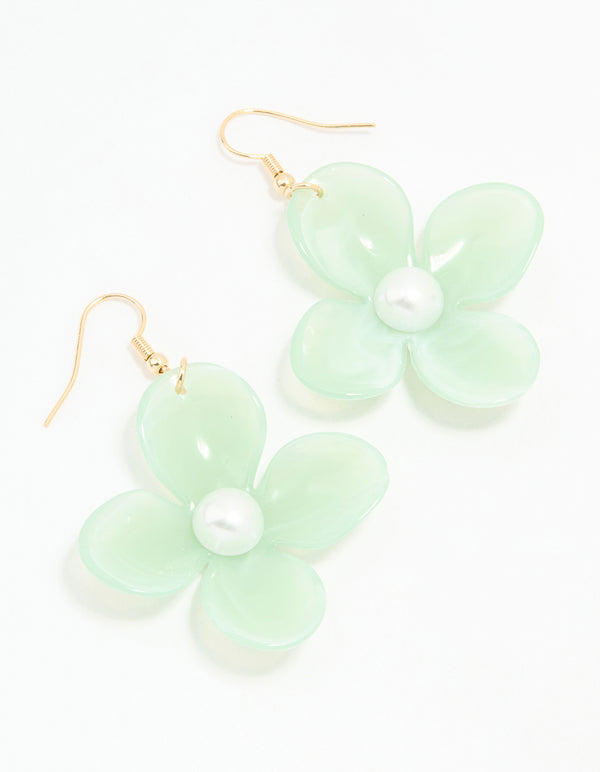 Gold Green Acrylic Pearl Center Flower Drop Earrings