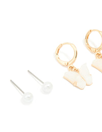 Gold Pearl Stud & Butterfly Huggie Earrings 3-Pack - link has visual effect only