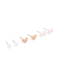 Gold Pearl Bow & Heart Earrings 3-Pack - link has visual effect only