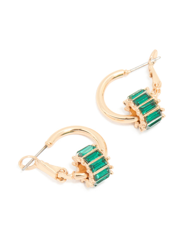 Gold & Green Baguette Rondell Huggie Earrings