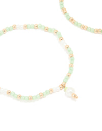 Gold Green Beaded Pearl Stretch Bracelets 2-Pack - link has visual effect only