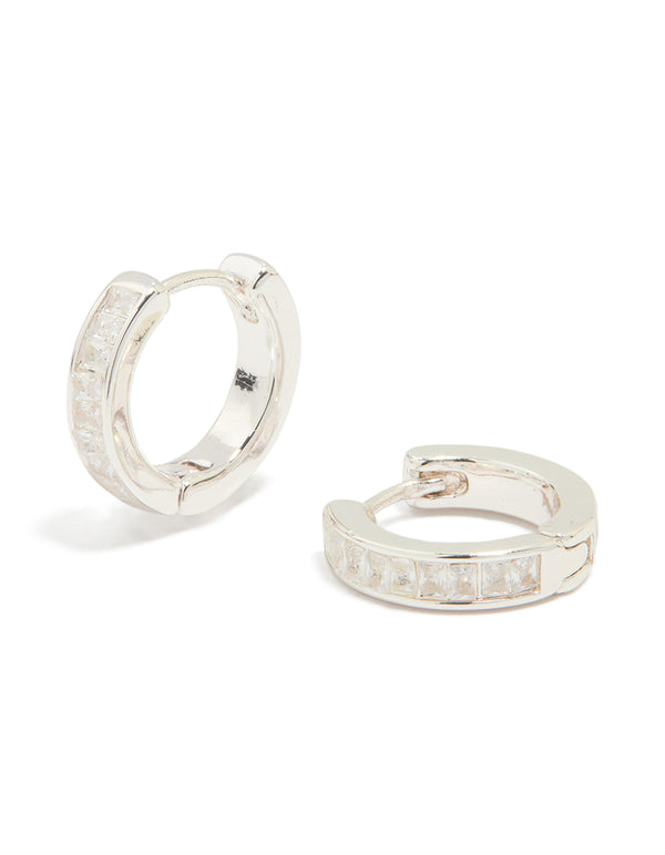 Silver Plated Cubic Zirconia Thin Pavé Hoop Earrings