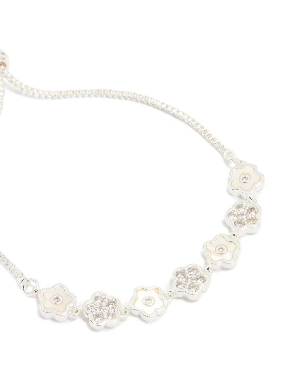 Silver Plated Cubic Zirconia Mini Flower Toggle Bracelet