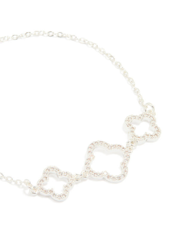 Silver Plated Cubic Zirconia Flower Trio Toggle Bracelet