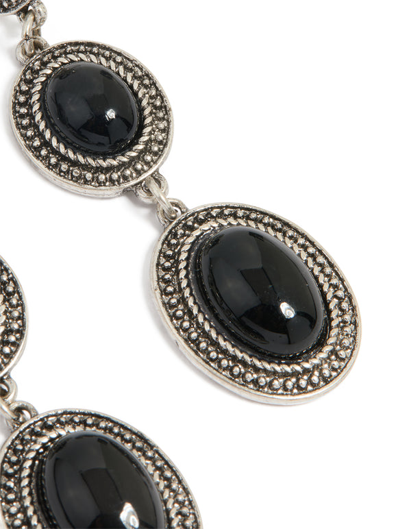 Antique Silver Black Stone Textured Circle Drop Earrings