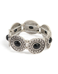 Antique Silver Black Stone Textured Large Stretch Bracelet - link has visual effect only