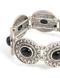 Antique Silver Black Stone Textured Large Stretch Bracelet - link has visual effect only