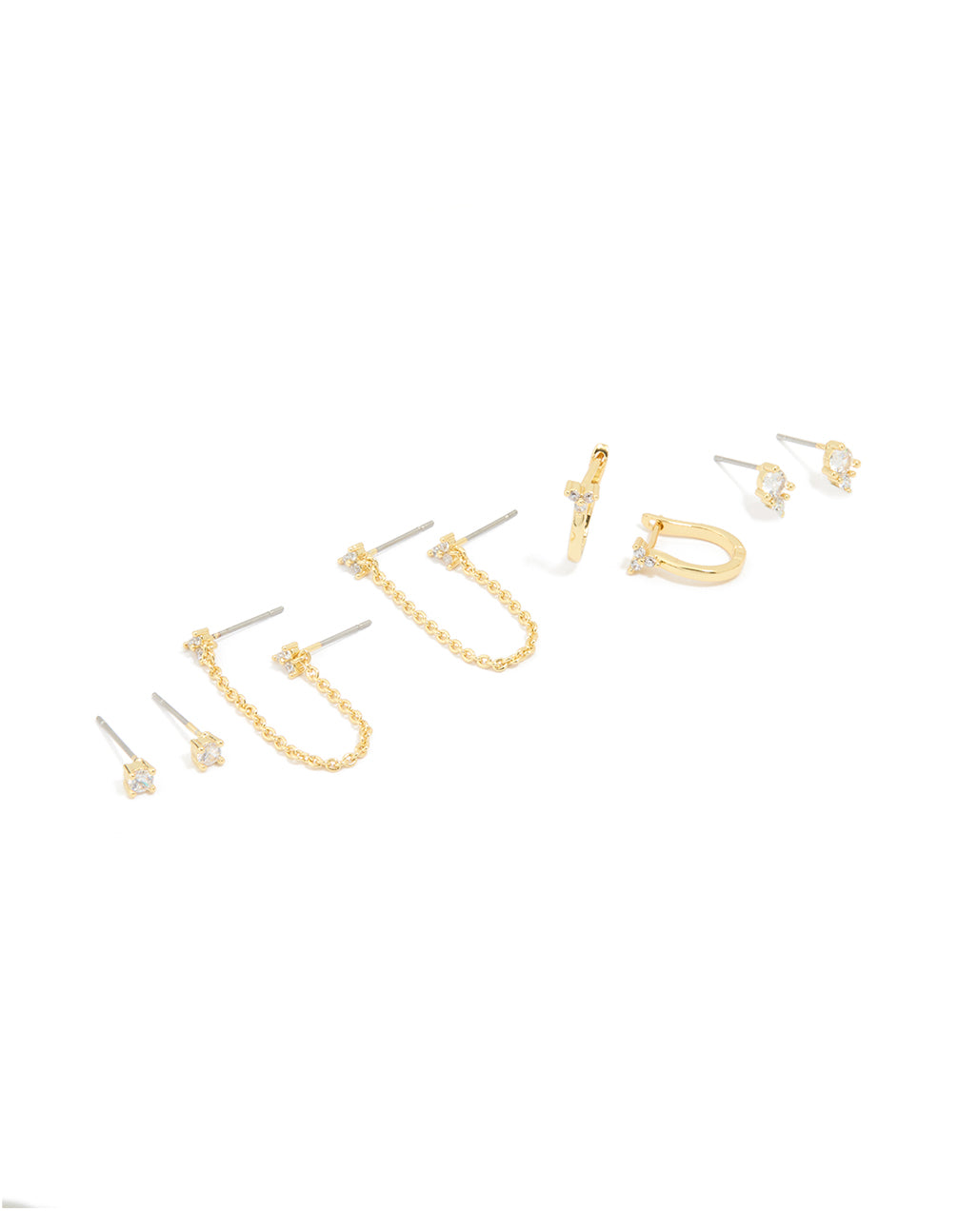 Gold Plated Cubic Zirconia Dainty Chain & Mixed Earrings 5-Pack