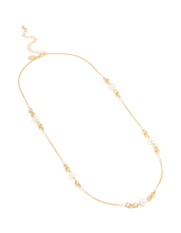 Gold Plated Freshwater Pearl & Mini Link Necklace