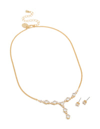 Gold Plated Cubic Zirconia Oval Lariat Necklace & Earrings Set - link has visual effect only