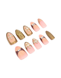 Gold & Pink Diamante Cross Nail Press On Nail Set - link has visual effect only