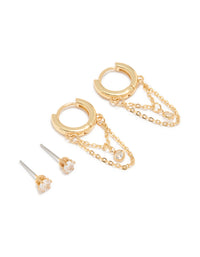 Gold Plated Cubic Zirconia Huggie Chain & Stud Earrings 2-Pack - link has visual effect only